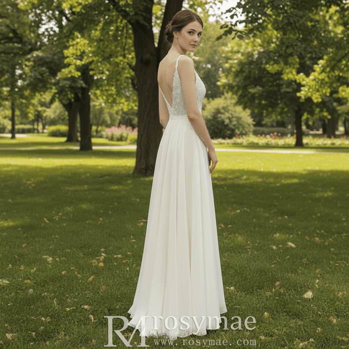 Simple Vneck Chiffon Sheath Wedding Dress with Spaghetti Strap - Rosymae