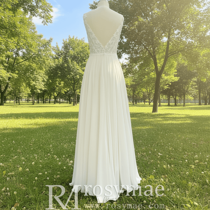 Simple Vneck Chiffon Sheath Wedding Dress with Spaghetti Strap - Rosymae