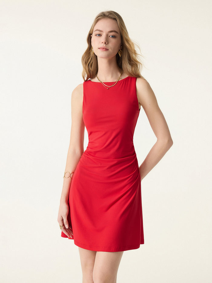OGLmove SkinKiss Boatneck Ruched A-line Mini Bra Dress Red M