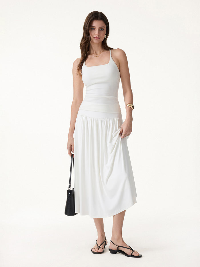 OGLmove 2Pcs Set Round Neck Cross-Back Bra Top & Midi Skirt with Pockets
