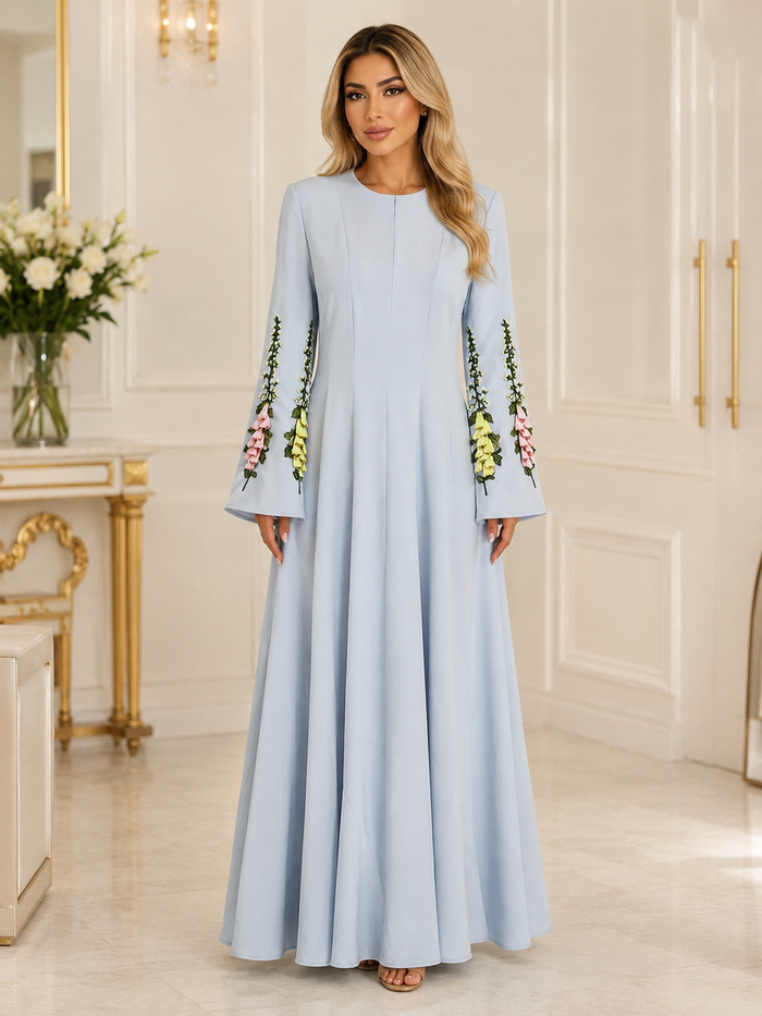 Sky Blue Embroidered Sleeve Maxi Dress - Serenity