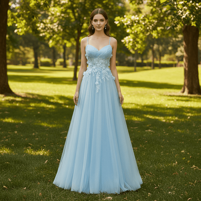 Sky Blue Leg Slit A Line Prom Dress Sheer Bodice with 3D Flowers for Party - Rosymae