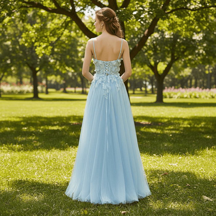 Sky Blue Leg Slit A Line Prom Dress Sheer Bodice with 3D Flowers for Party - Rosymae