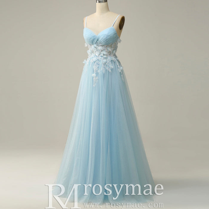 Sky Blue Leg Slit A Line Prom Dress Sheer Bodice with 3D Flowers for Party - Rosymae