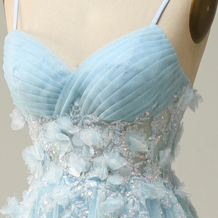 Sky Blue Leg Slit A Line Prom Dress Sheer Bodice with 3D Flowers for Party - Rosymae