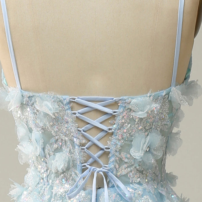 Sky Blue Leg Slit A Line Prom Dress Sheer Bodice with 3D Flowers for Party - Rosymae