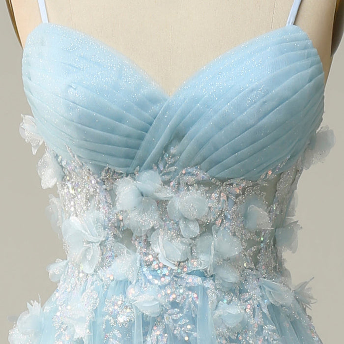 Sky Blue Leg Slit A Line Prom Dress Sheer Bodice with 3D Flowers for Party - Rosymae
