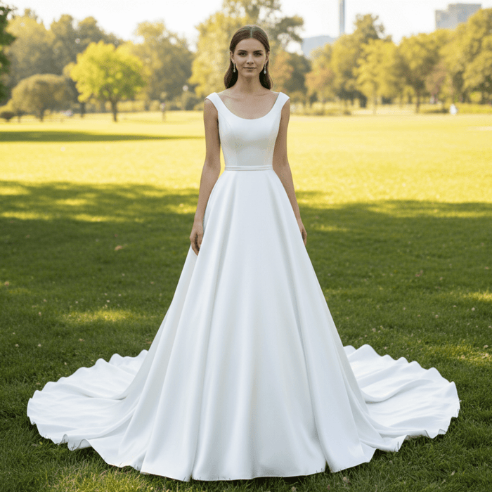 Sleek Tank Top A-line Satin Wedding Dress with Scoop Neckline - Rosymae