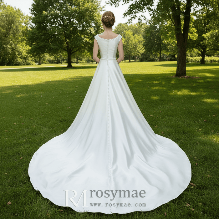 Sleek Tank Top A-line Satin Wedding Dress with Scoop Neckline - Rosymae