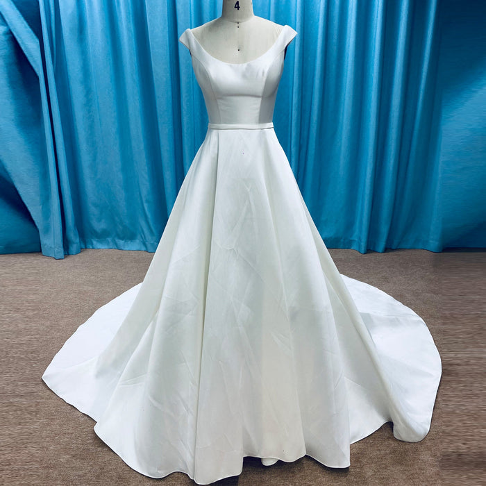 Sleek Tank Top A-line Satin Wedding Dress with Scoop Neckline - Rosymae