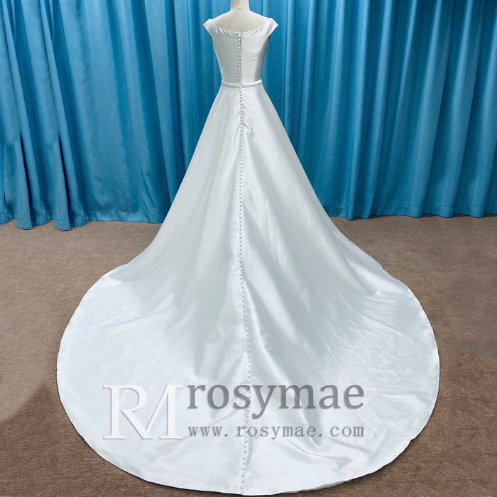 Sleek Tank Top A-line Satin Wedding Dress with Scoop Neckline - Rosymae