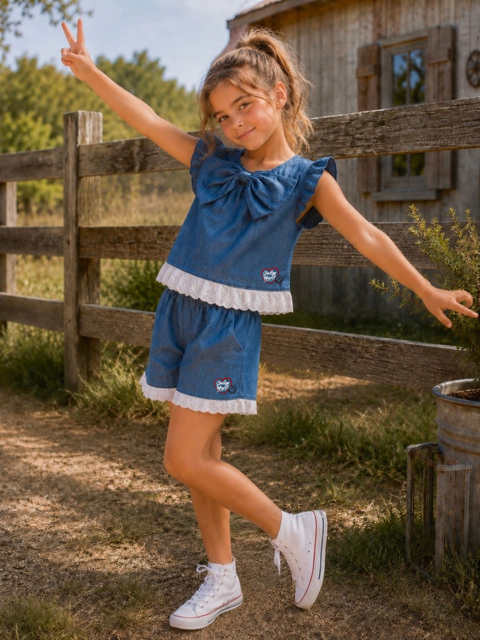 SmileyWorld Denim Bow Ruffle Short Set