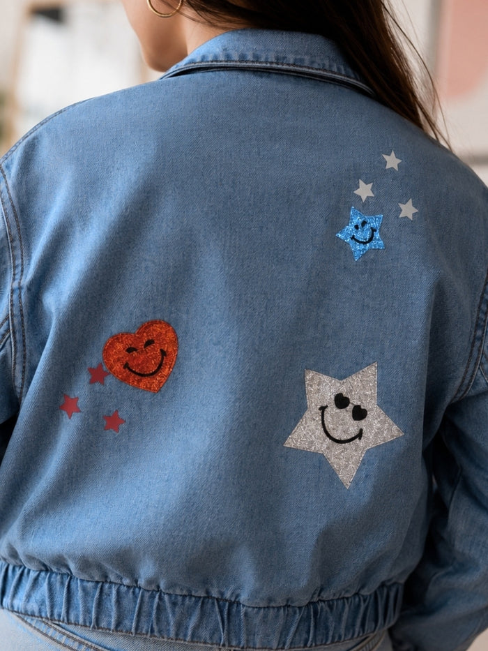 SmileyWorld Glitter Patch Denim Bomber Jacket