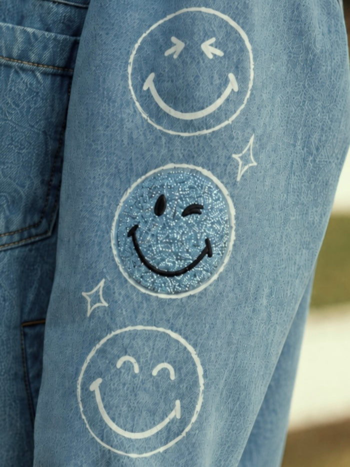SmileyWorld Glitter Patch Denim Bomber Jacket
