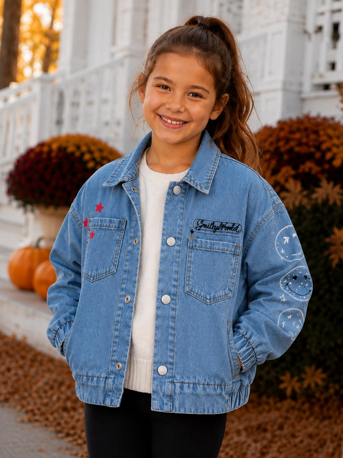 SmileyWorld Glitter Patch Denim Bomber Jacket