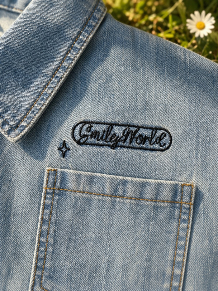 SmileyWorld Glitter Patch Denim Bomber Jacket