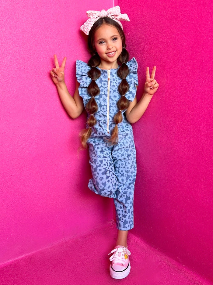 SmileyWorld Ruffle Chambray Denim Jumpsuit | Mia Belle Girls