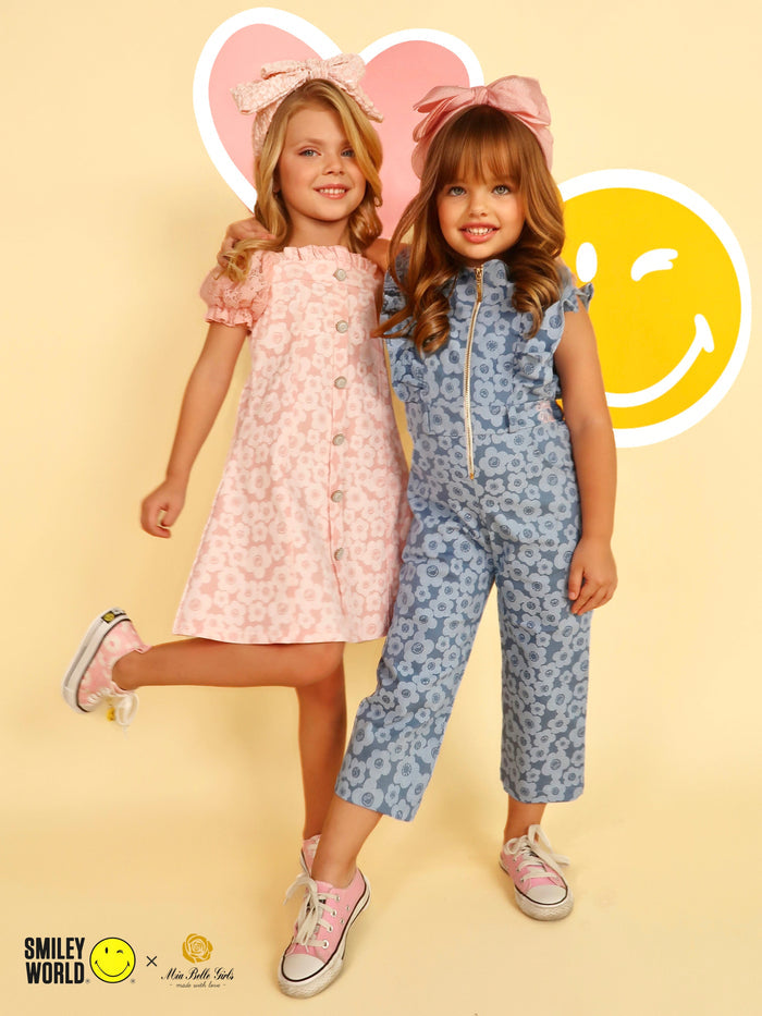 SmileyWorld Ruffle Chambray Denim Jumpsuit | Mia Belle Girls