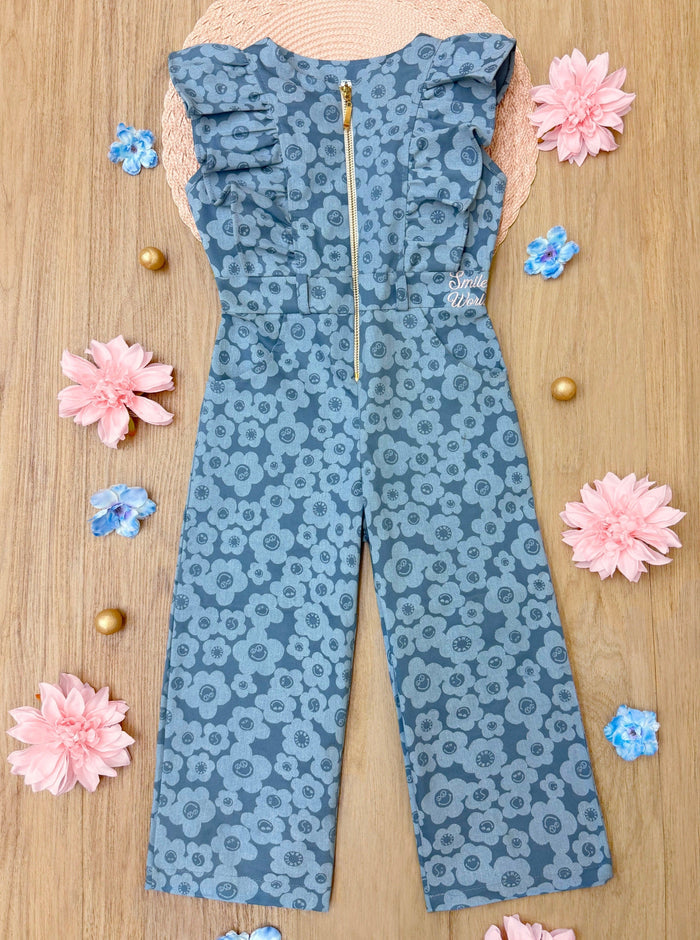 SmileyWorld Ruffle Chambray Denim Jumpsuit | Mia Belle Girls