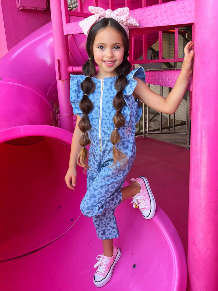 SmileyWorld Ruffle Chambray Denim Jumpsuit | Mia Belle Girls
