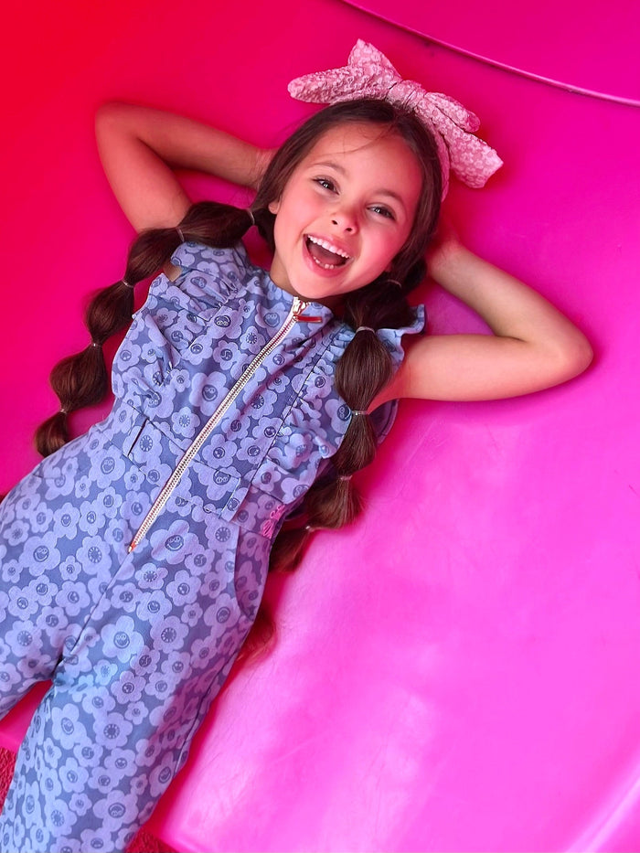 SmileyWorld Ruffle Chambray Denim Jumpsuit | Mia Belle Girls