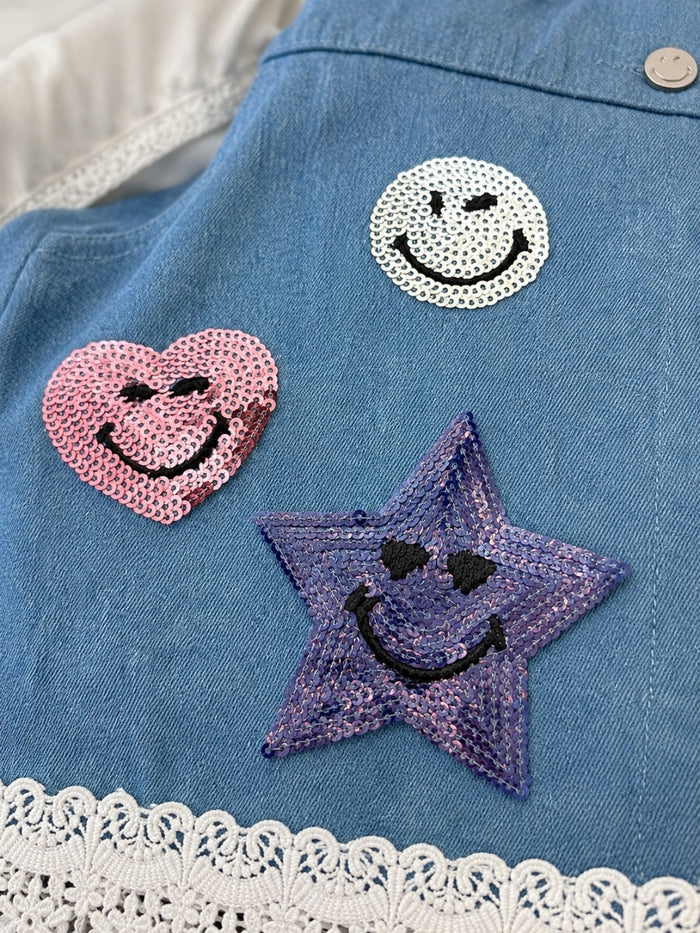 SmileyWorld Tie Front Top and Sequin Denim Skort Set