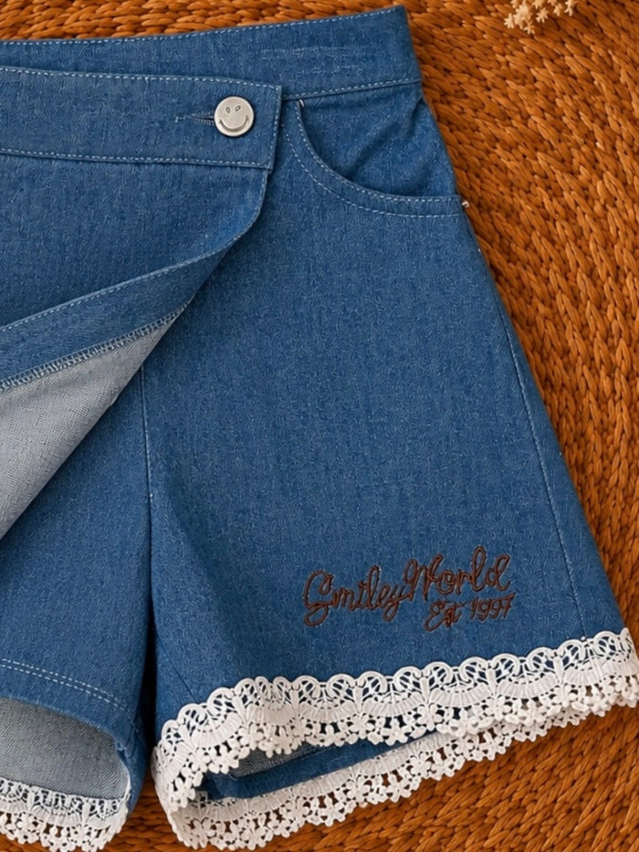 SmileyWorld Tie Front Top and Sequin Denim Skort Set