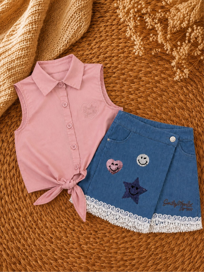 SmileyWorld Tie Front Top and Sequin Denim Skort Set