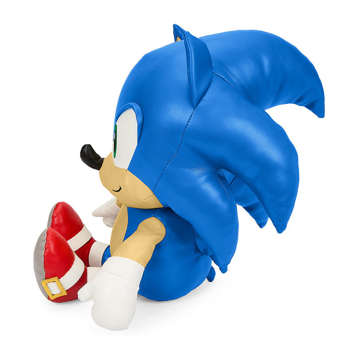 16-inch Sonic the Hedgehog plush toy made of premium pleather featuring the iconic blue hedgehog character from Sega's Sonic franchise.