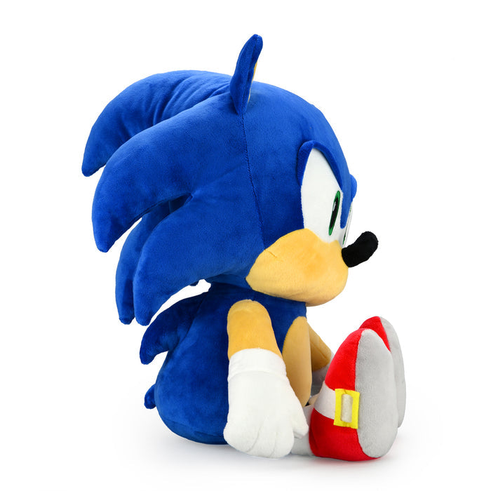 Sonic the Hedgehog HugMe Shake Action Plush toy showing Sonic's smiling face and soft, cuddly blue plush fabric.