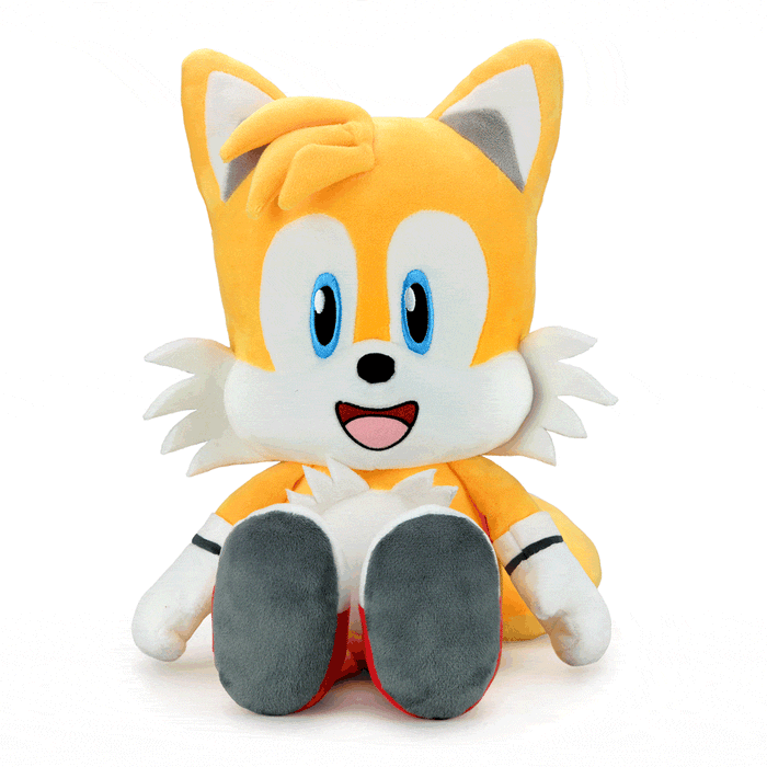 Sonic the Hedgehog Tails HugMe Shake Action Plush toy showing Tails in a cuddly pose with shake action feature