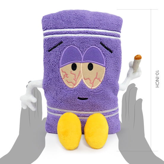 South Park 10-inch Stoned Towelie plush toy by Kidrobot showing Towelie with a relaxed expression and soft plush fabric.