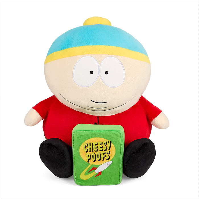 South Park 16-inch Cartman HugMe plush toy holding Cheesy Poofs, soft and cuddly South Park character plush.
