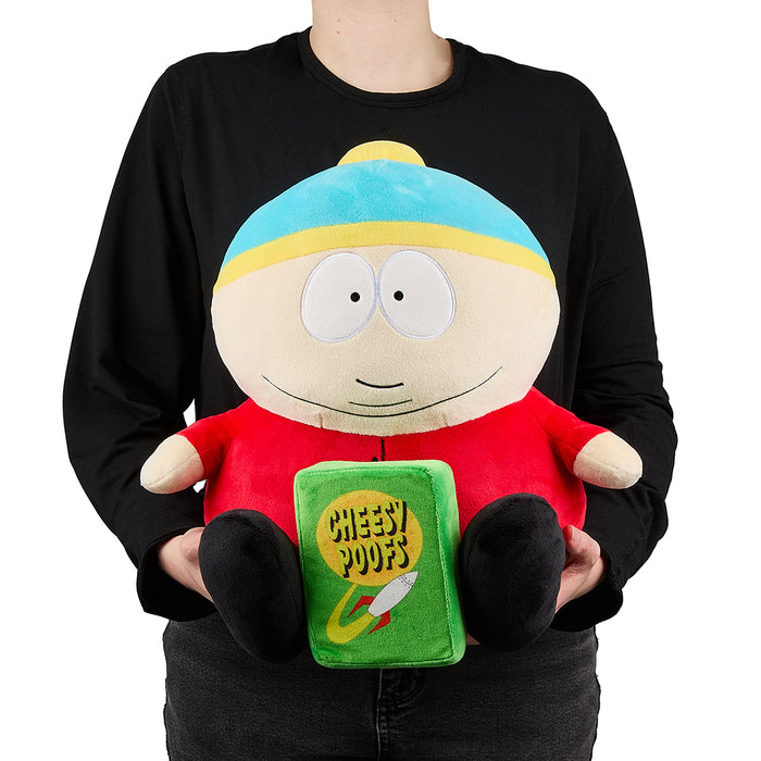 South Park Cartman HugMe plush toy holding Cheesy Poofs, soft and cuddly character from the South Park animated series.