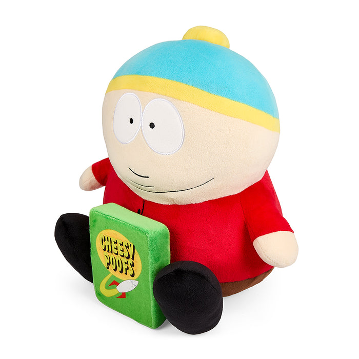 South Park 16-inch HugMe plush of Cartman holding Cheesy Poofs, soft and stylized character plush toy.