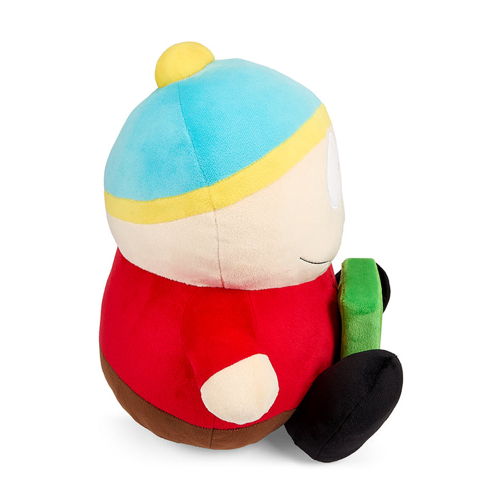South Park 16-inch HugMe plush of Cartman holding Cheesy Poofs, featuring stylized design and soft fabric.