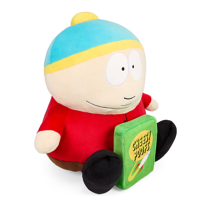 South Park 16-inch HugMe Plush of Cartman holding Cheesy Poofs, soft and stylized, featuring details of the popular animated character.