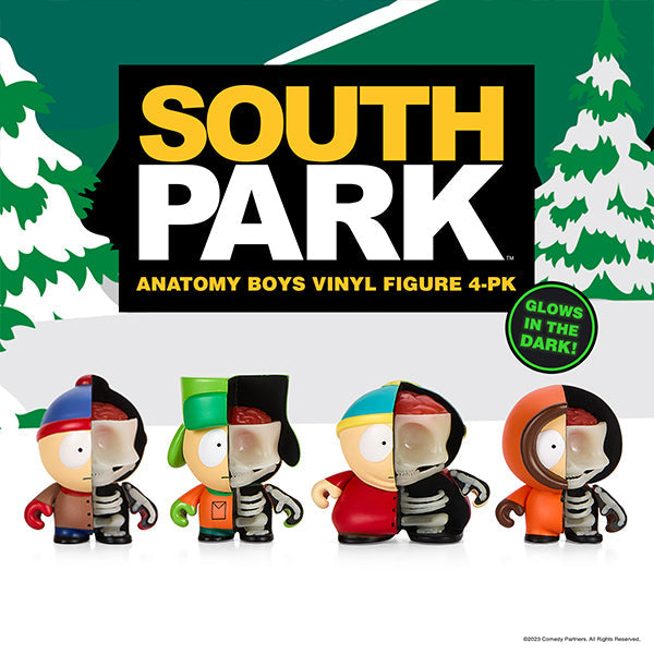 South Park Anatomy Boys 2" vinyl art figures from Kidrobot, glow-in-the-dark edition, featuring four collectible characters, displayed together.