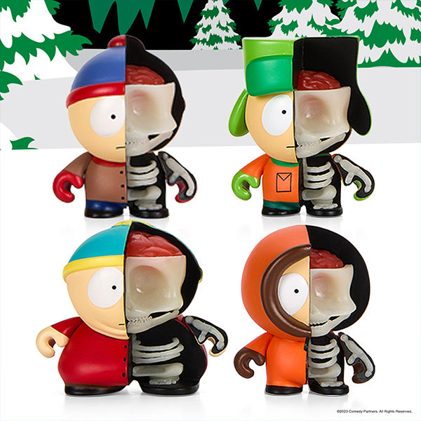 Set of four South Park Anatomy Boys vinyl art figures by Kidrobot, glow-in-the-dark edition, featuring detailed character designs.