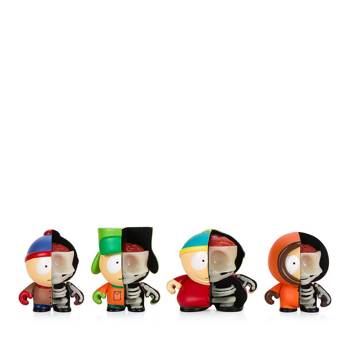 South Park Anatomy Boys 2-inch vinyl figure 4-pack by Kidrobot, featuring glow-in-the-dark editions, displayed in a collectible art figure set.