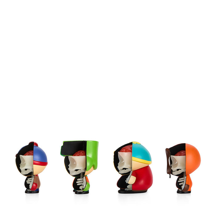 South Park Anatomy Boys vinyl art figures 4-pack by Kidrobot, glow-in-the-dark edition, featuring detailed South Park character designs