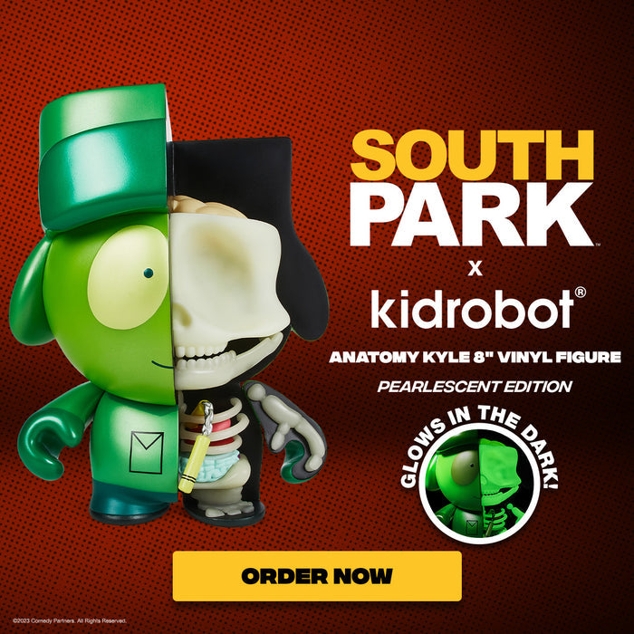 South Park Anatomy Kyle 8-inch vinyl art figure with pearlescent glow-in-the-dark finish, limited edition Kidrobot collectible.