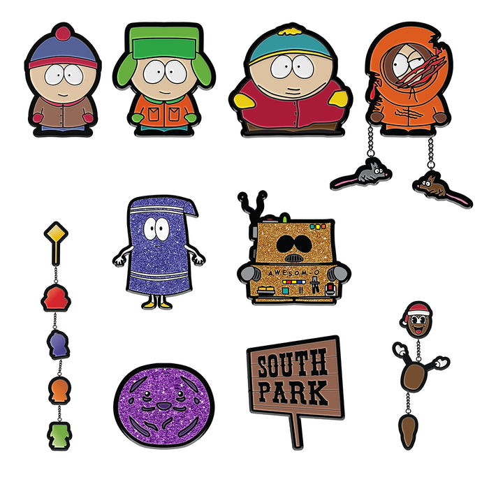 South Park Deluxe Enamel Pins featuring colorful character designs and iconic imagery from the animated series.