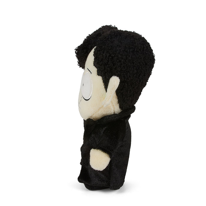 South Park Goth Kid Michael 8-inch Phunny Plush toy by Kidrobot, depicting a dark-themed cartoon character with black clothing and spiky hair.