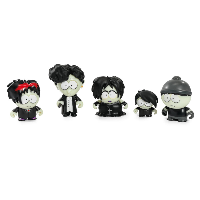 Set of five South Park Goth Kids vinyl mini figures showing dark clothing and goth style, collectible South Park character figures.