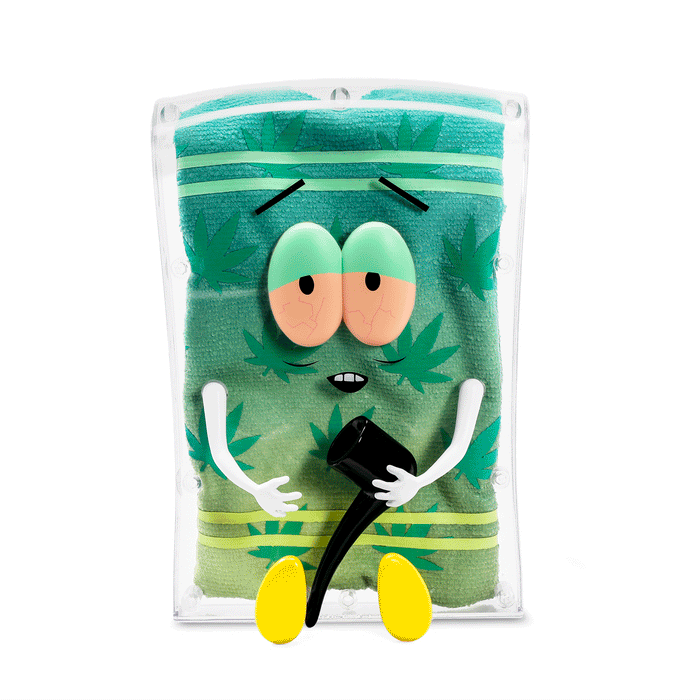 South Park Stoned Towelie plush art figure with clear shell, pipe, and glow-in-the-dark pot leaf, 8-inch 420 edition, sold out.