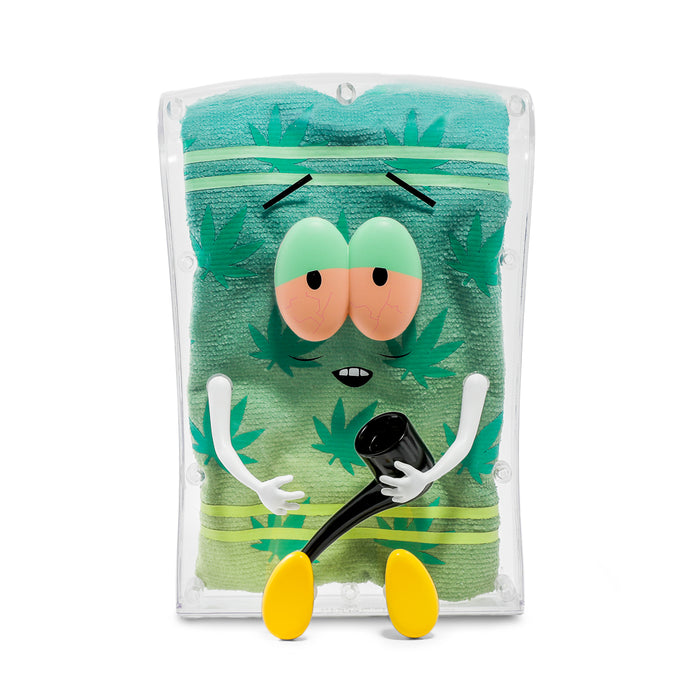 South Park Stoned Towelie plush art figure with clear shell, pipe, and glow-in-the-dark pot leaf, 8-inch collectible 420 edition.
