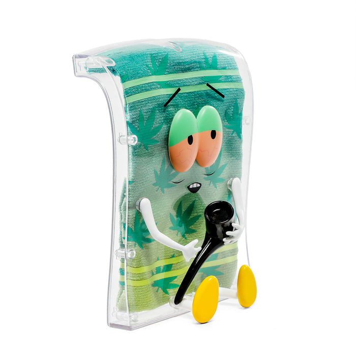 South Park Stoned Towelie plush art figure with pipe and glow-in-the-dark pot leaf, 8-inch clear shell and plush design.