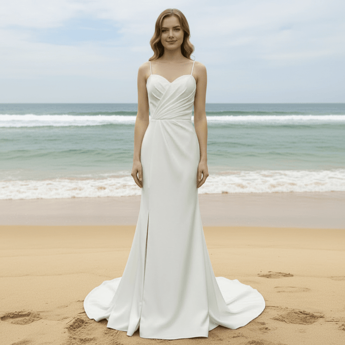 Spaghetti Strap Simple Satin Mermaid Wedding Dress with Leg Slit - Rosymae