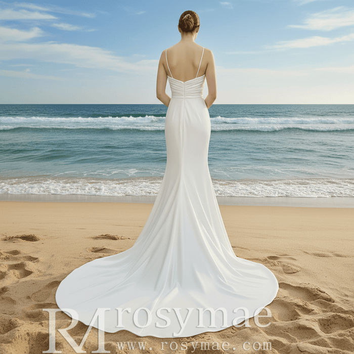 Spaghetti Strap Simple Satin Mermaid Wedding Dress with Leg Slit - Rosymae